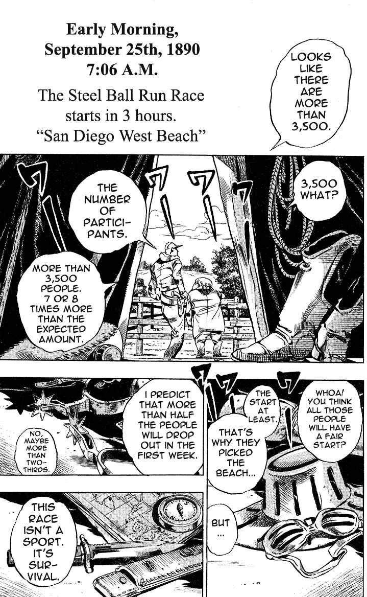 JoJo no Kimyou na Bouken: Part 7 - Steel Ball Run Chapter 4: September 25 1890 - 3 Hours to Start - Page 1