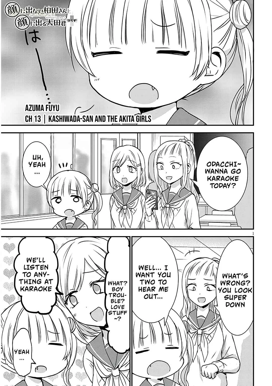 Kao ni Denai Kashiwada-san to Kao ni Deru Oota-kun + Chapter 13: Kashiwada-san and The Akita Girls - Page 1