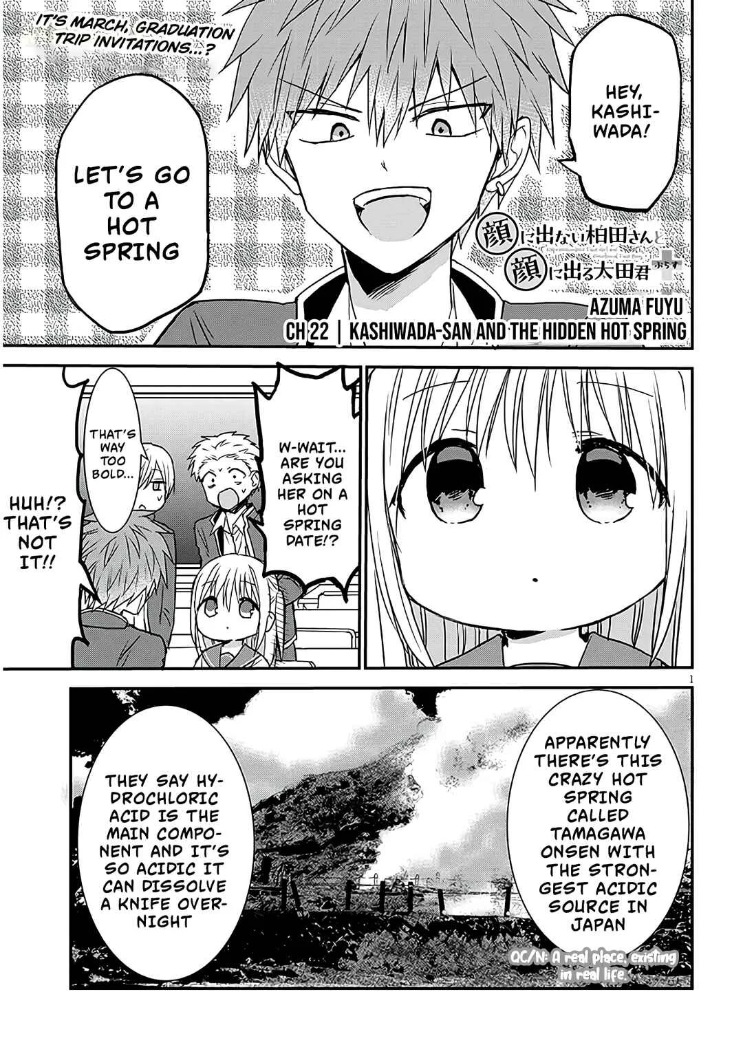 Kao ni Denai Kashiwada-san to Kao ni Deru Oota-kun + Chapter 22: Kashiwada-san and The Hidden Hot Spring - Page 1