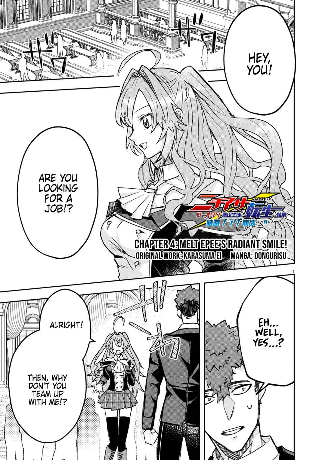 Nichiasa Suki no Otaku ga Akuyaku Seito ni Tenseishita Kekka, Hametsu Flag ga Houkaishiteiku Ken ni Tsuite Chapter 4: Melt Epee's Radiant Smile! - Page 1