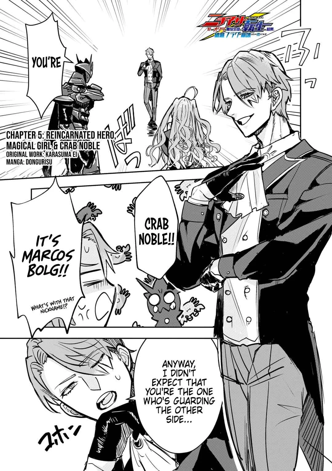 Nichiasa Suki no Otaku ga Akuyaku Seito ni Tenseishita Kekka, Hametsu Flag ga Houkaishiteiku Ken ni Tsuite Chapter 5: Reincarnated Hero, Magical Girl, and Crab Noble - Page 1
