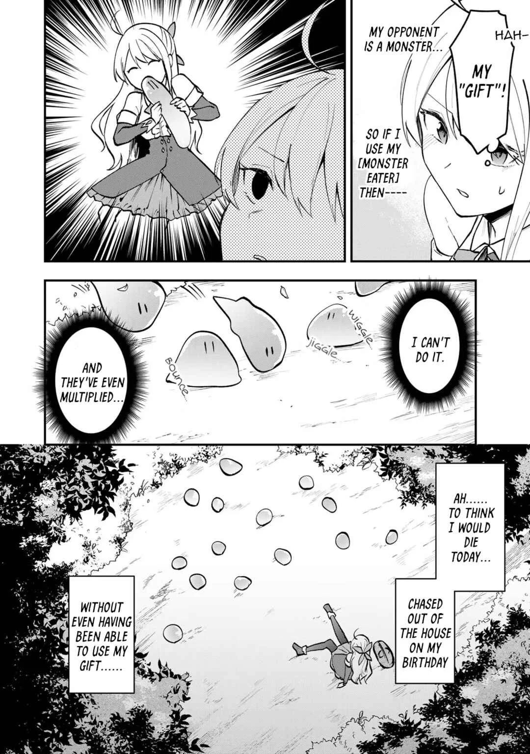 [Pakupaku desu wa] Tsuihou Sareta Ojou-sama no "Monster o Taberu Hodo Tsuyoku Naru" Skill wa, 1-shoku de 1 Level Up Suru Zendai Mimon no Saikyou Skill deshita. 3-nichi de Jinrui Saikyou ni Narimashita wa! Chapter 1: Gobbling Up Slime Sherbet! - Page 9