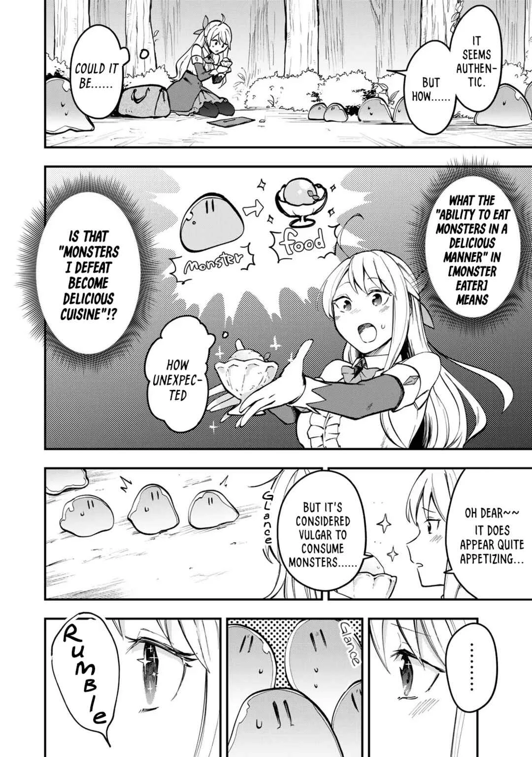 [Pakupaku desu wa] Tsuihou Sareta Ojou-sama no "Monster o Taberu Hodo Tsuyoku Naru" Skill wa, 1-shoku de 1 Level Up Suru Zendai Mimon no Saikyou Skill deshita. 3-nichi de Jinrui Saikyou ni Narimashita wa! Chapter 1: Gobbling Up Slime Sherbet! - Page 13
