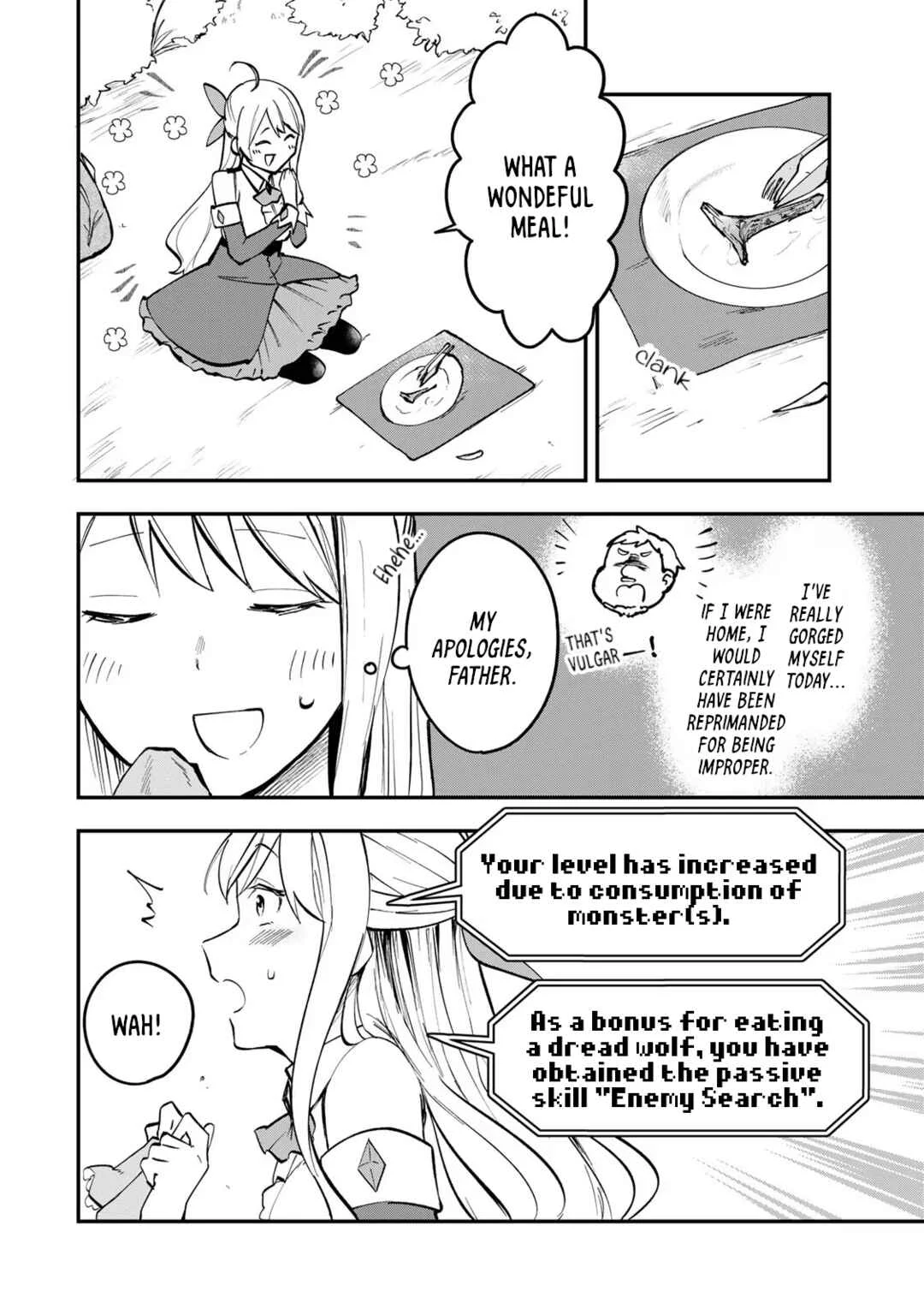 [Pakupaku desu wa] Tsuihou Sareta Ojou-sama no "Monster o Taberu Hodo Tsuyoku Naru" Skill wa, 1-shoku de 1 Level Up Suru Zendai Mimon no Saikyou Skill deshita. 3-nichi de Jinrui Saikyou ni Narimashita wa! Chapter 1: Gobbling Up Slime Sherbet! - Page 26