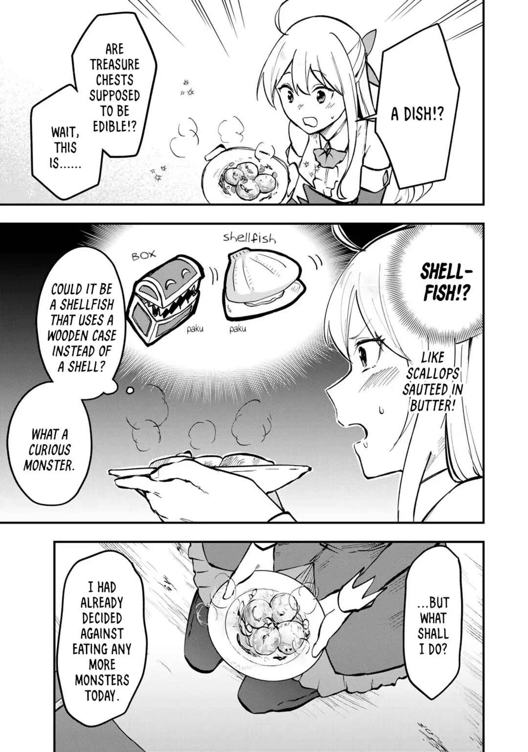 [Pakupaku desu wa] Tsuihou Sareta Ojou-sama no "Monster o Taberu Hodo Tsuyoku Naru" Skill wa, 1-shoku de 1 Level Up Suru Zendai Mimon no Saikyou Skill deshita. 3-nichi de Jinrui Saikyou ni Narimashita wa! Chapter 2: Gobbling Up Sauteed Mimic! - Page 9