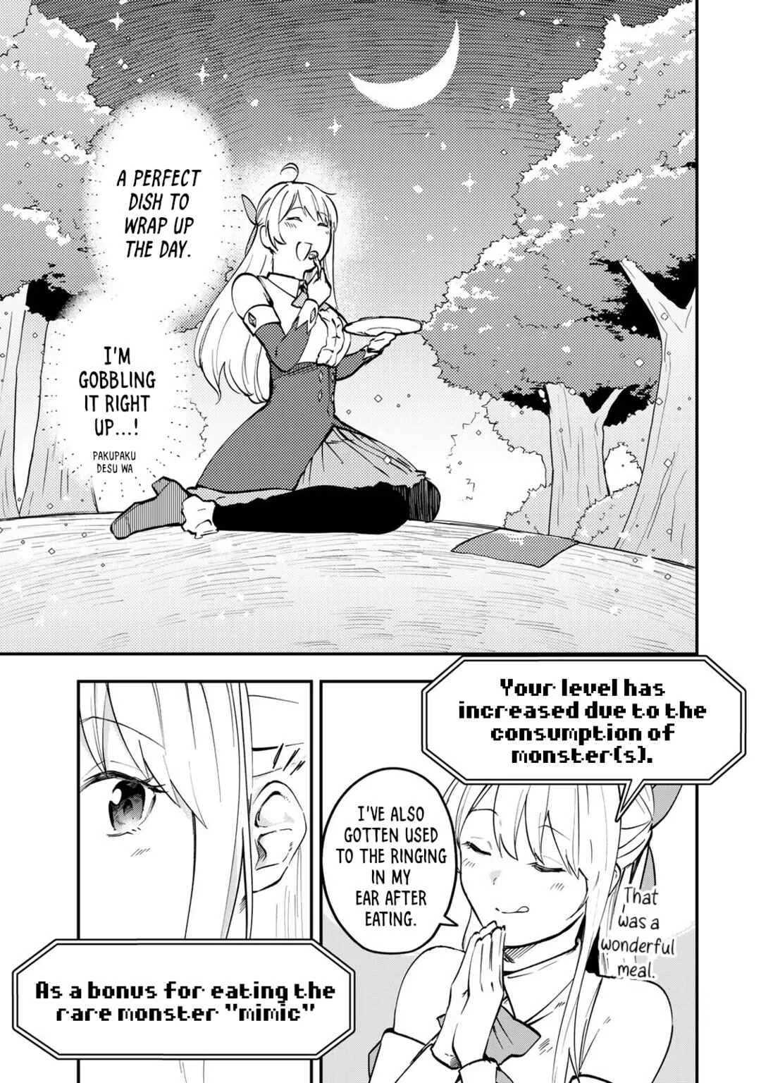 [Pakupaku desu wa] Tsuihou Sareta Ojou-sama no "Monster o Taberu Hodo Tsuyoku Naru" Skill wa, 1-shoku de 1 Level Up Suru Zendai Mimon no Saikyou Skill deshita. 3-nichi de Jinrui Saikyou ni Narimashita wa! Chapter 2: Gobbling Up Sauteed Mimic! - Page 11