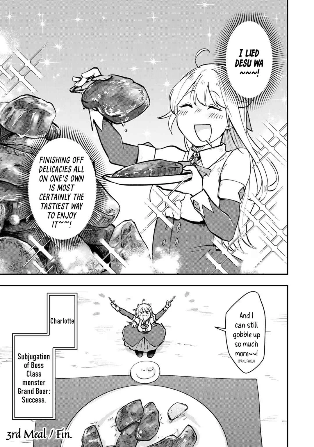 [Pakupaku desu wa] Tsuihou Sareta Ojou-sama no "Monster o Taberu Hodo Tsuyoku Naru" Skill wa, 1-shoku de 1 Level Up Suru Zendai Mimon no Saikyou Skill deshita. 3-nichi de Jinrui Saikyou ni Narimashita wa! Chapter 3: Gobbling Up Wild Caught Grand Boar! - Page 31