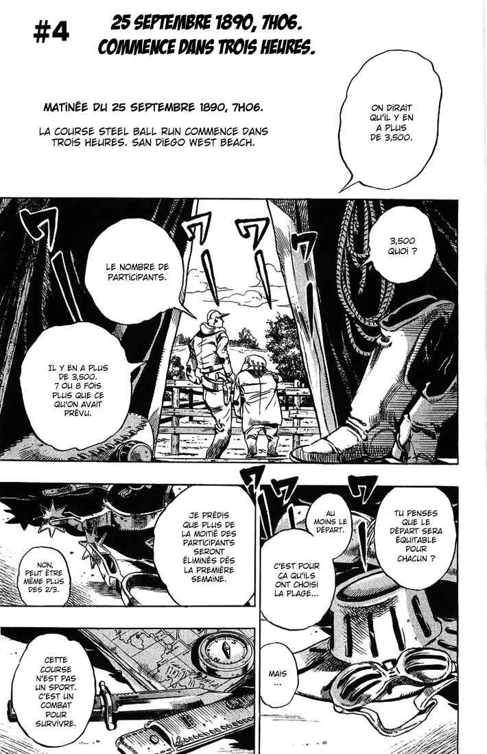 JoJo no Kimyou na Bouken: Part 7 - Steel Ball Run Chapitre 4: 25 septembre 1890, 7h06. Commence dans trois heures. - Page 1